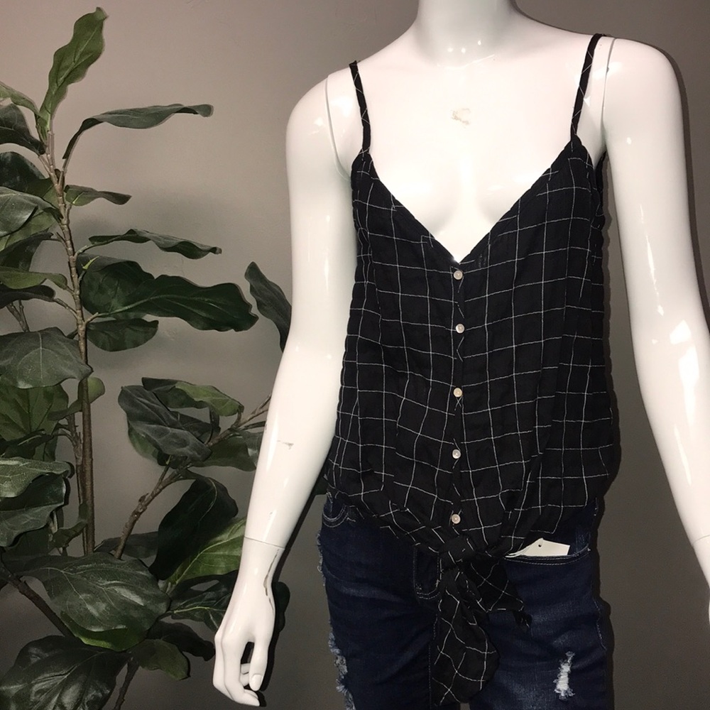 Plaid Tank Top with Button Detail and Tie